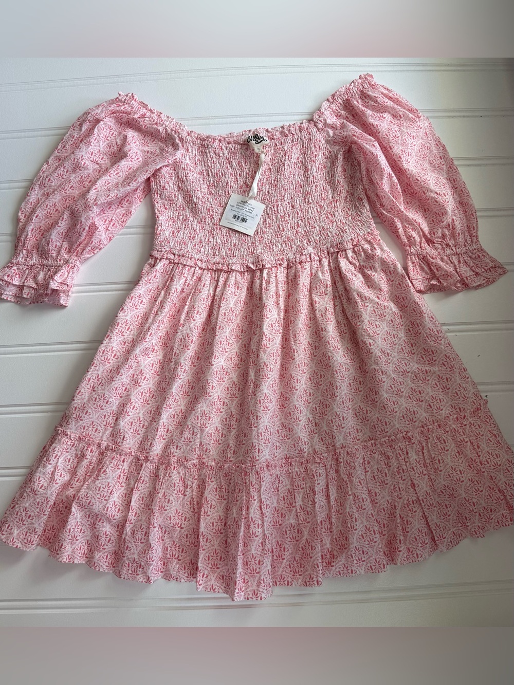 Mon Coco Brooklyn Mini Dress Smocked Pink White XL Off Shoulder NEW